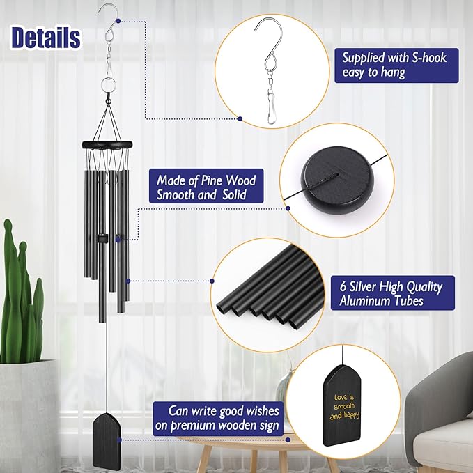 Wind Chime, Classic Wind Chimes for Outdoor Indoor Decor Smooth Melodic Tones Chime for Garden Patio Balcony and Home - 29 Inch with 6 Tubes & DIY Pendants for Outdoor Garden Patio Decor