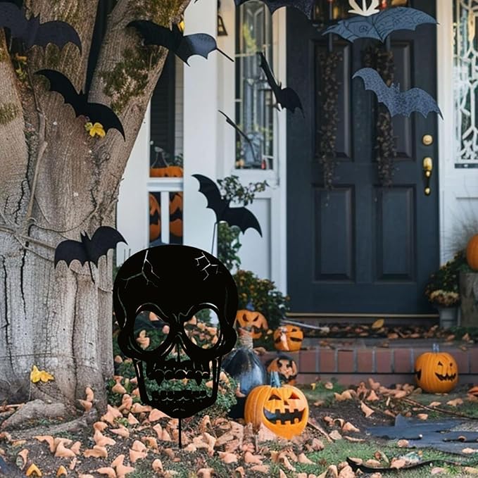 Halloween Decorations Outdoor, Metal Skull Decorative Garden Stakes for Halloween Decor, Metal Yard Signs for Outside Garden Lawn Porch Party Decorations