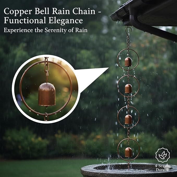 Metal Bell Rain Chain for Gutters, Rust Resistant Outdoor Rain Catcher, Perfect for Heavy Rain, Indoor/Outdoor Decoration, Dark Bronze Finish