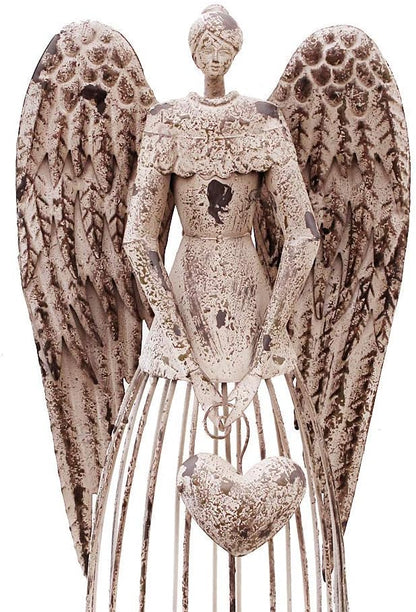 Antiqued Metal Garden Angel Statue with Heart, Indoor Outdoor Angel Yard Art Decor Lawn Patio Decorations Holiday Decor Garden Present Idea, 32"H