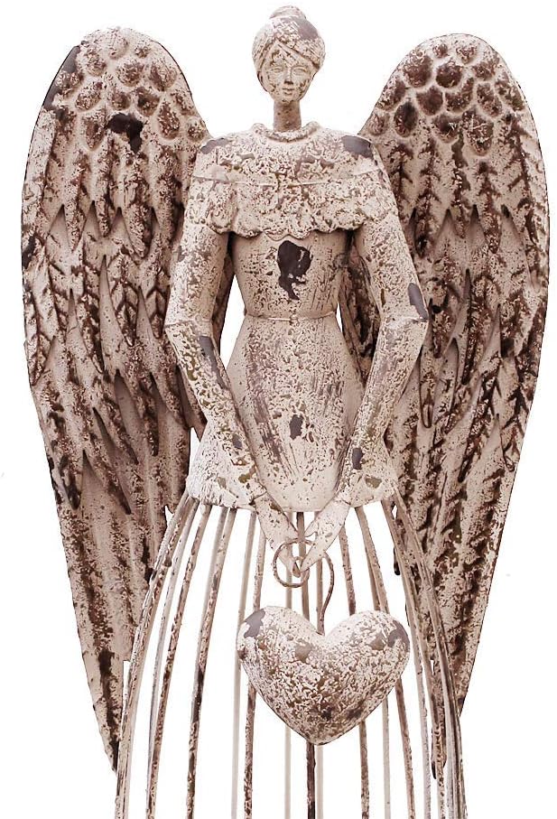 Angel Garden Statue with Heart, Outdoor Antiqued Metal Yard Art Decor Lawn Patio Decorations Garden Trellis for Climbing Plants Potted Vines Ivy Roses Gift Idea For Christmas, 32’’H (Heart)