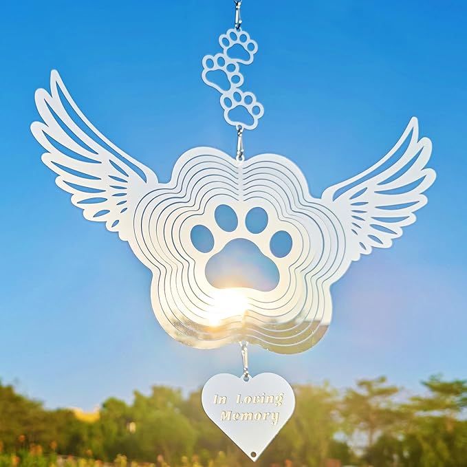 Pet Memorial Wind Spinners, Dog Memorial Gifts,Stainless Steel Angel Wings Pet Paw Print,Dogs and Cats Remembrance, Pet Sympathy,Pet Loss Bereavement Gifts