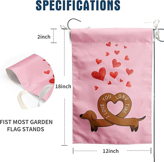 Dachshund Valentine Garden Flag Weiner Dog Valentines Day Yard Decorative for Outside 12x18 Double Sided I Love You Long Time Holiday Anniversary Banner