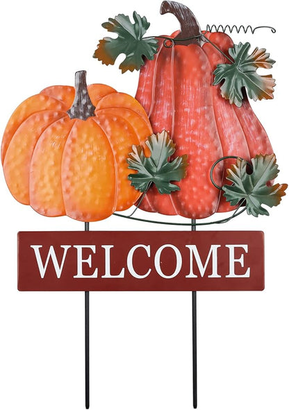 YEAHOME Fall Decorations for Home Outdoor, 22" Decorative Garden Stakes with 2 Pack Pumpkin Welcome Sign Fall Decor, Metal Yard Sign for Outside Garden Yard Lawn Patio Backyard Porch Decorations
