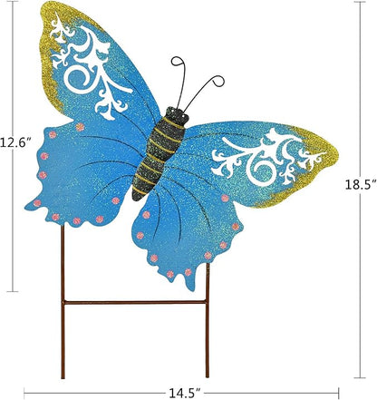 Decorative Butterfly Garden Decor Outdoor Butterfly Garden Stake Decor, Metal Butterfly Yard Stake Garden Insect Decor Patio Lawn Backyard Decor (Blue)