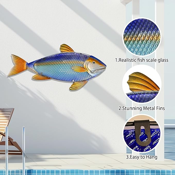 LIFFY Metal Fish Wall Decor,32“ Large Metal & Glass Tuna Artworks Home Decorative Ornaments,Indoor Outdoor Ocean Coastal Wall Hanging Decorations for Pool Garden Yard Patio