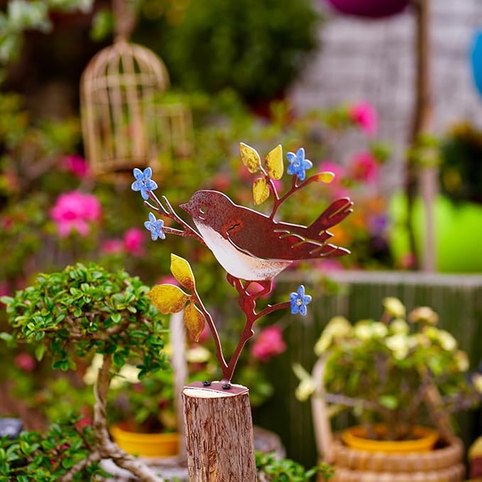 Wrought Iron Bird Decoration Metal Iron Art Animal Bird Hanging Ornaments Cute Bird Art Iron Sculpture Creative Outdoor Silhouettes Garden Crafts for Garden (red Blue)