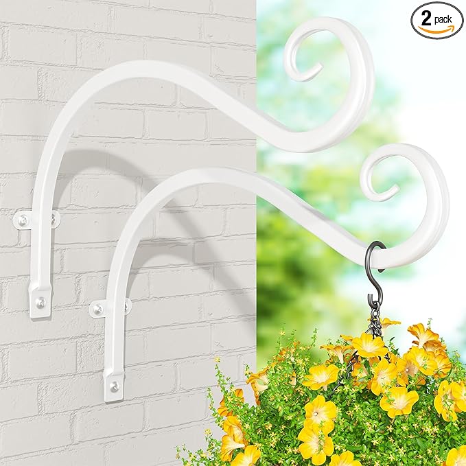 iDavosic.ly Plant Hangers Outdoor 2-Pack, 11.8 Inch Heavy Duty Iron Wall Brackets for Hanging Plants, Baskets, Bird Feeders, Lanterns, Wind Chimes, Indoor Metal Hooks for Garden Porch Patio, White