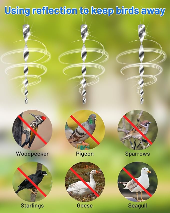 24Pcs Bird Reflective Scare Rods, Plastic Deterrent Devices for Outside Patio, House, Garden, Window to Keep Woodpecker Pigeon Away, Silver Hanging Wind Spinners Outdoor Decor