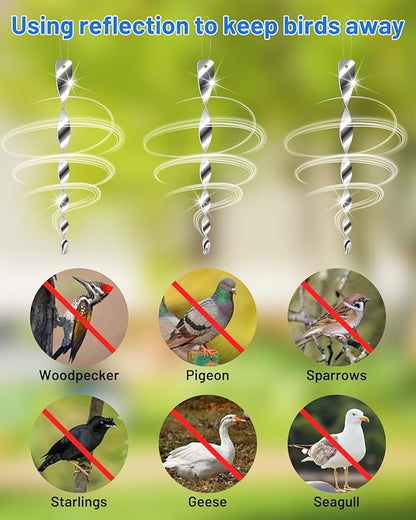 12Pcs Bird Reflective Scare Rods, Plastic Deterrent Devices for Outside Patio, House, Garden, Window to Keep Woodpecker Pigeon Away, Silver Hanging Wind Spinners Outdoor Decor