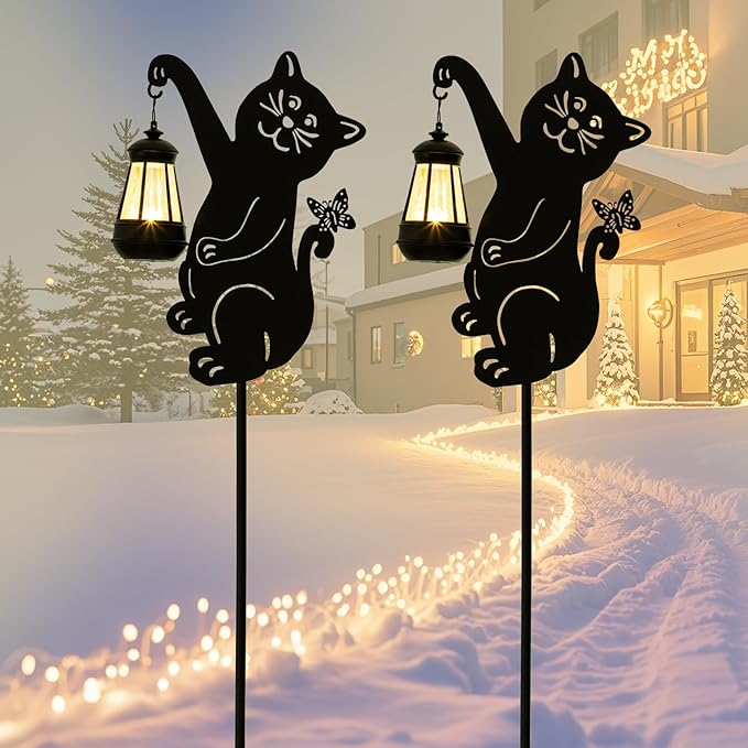 Solar Cute Cat Garden Stakes Outdoor Solar Decor Metal Cute Cat Holding Solar Lantern Decorative Garden Metal Flower Stakes Outdoor Cute Cat Silhouette Stakes