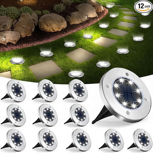 UFOND 12 Pack Solar Ground Lights，Outdoor Waterproof LED Gardenlight, Disklights for Lawn Pathway Yard Walkway Driveway Patio Deck, Solar Lights (Cold White)