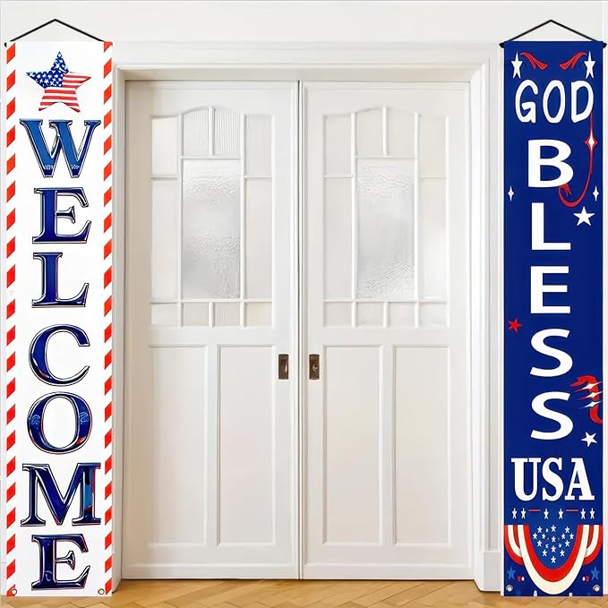 BlissYard 2Pcs Welcome Patriotic Door Banner 4th of July Decorations American Banners Hanging Porch Signs Decor for Independence Memorial Day Veterans Labor Day for Yard Indoor Outdoor Supplies