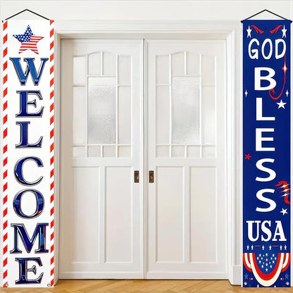 BlissYard 2Pcs Welcome Patriotic Door Banner 4th of July Decorations American Banners Hanging Porch Signs Decor for Independence Memorial Day Veterans Labor Day for Yard Indoor Outdoor Supplies