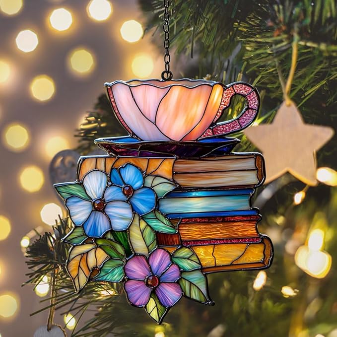 Tea and Books Acrylic Suncatcher Stained Glass Effect Window Car Hanging Christmas Ornament Indoor Outdoor Decor Garden Sun Catcher Panel for Book Lover for Women Mom Grandma