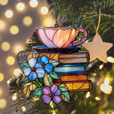 Tea and Books Acrylic Suncatcher Stained Glass Effect Window Car Hanging Christmas Ornament Indoor Outdoor Decor Garden Sun Catcher Panel for Book Lover for Women Mom Grandma