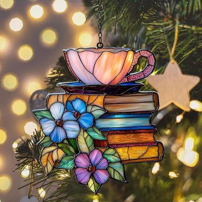 Tea and Books Acrylic Suncatcher Stained Glass Effect Window Car Hanging Christmas Ornament Indoor Outdoor Decor Garden Sun Catcher Panel for Book Lover for Women Mom Grandma