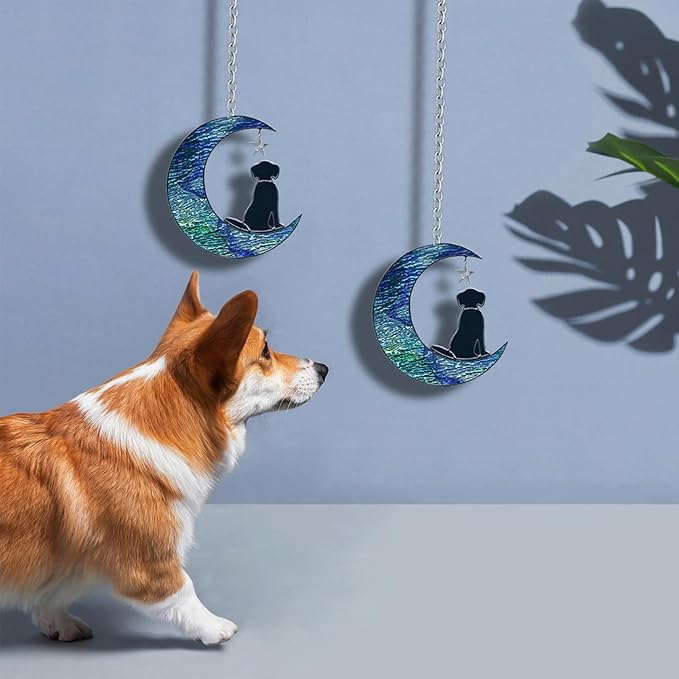 Dog Decor Stained Glass Moon Suncatchers Window Hanging, Wall Art Element Earth Tones Modern Design Home Garden Suncatcher, Dog Lovers for Halloween Decor