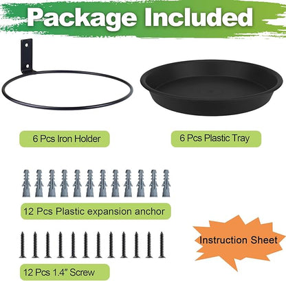 Wall Mount Plant Holder with Saucer Trays 8 inch, 6 Pack Heavy Duty Metal Fence Mounted Plant Holders for Wall, Ring Flower Pot Hanger Planter Bracket for Outside Indoor Outdoor Bird Feeder
