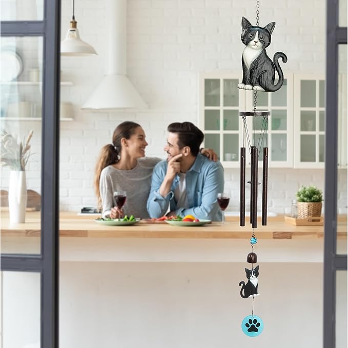 CoTa Global Tuxedo Cat Wind Chime - Pet-Themed Metal Hanging Decor with Dark-Tone Wind Chime Tubes and Beaded Accents, Indoor Outdoor Porch Patio Garden Decoration - 33.5 Inches