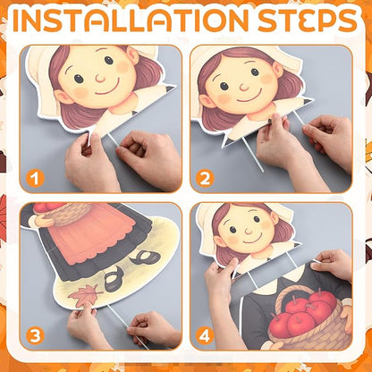 DoubleFill 4 Pcs Thanksgiving Pilgrim Boy and Girl Yard Sign Fall Turkey Lawn Stakes Happy Thanksgiving Decoration Outdoor Harvest Party Supplies