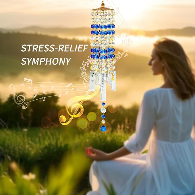 Crystal Wind Chimes for Outside with Rainbow Light Reflections Glass Bells and Rose Gold Alloy Hooks Indoor Outdoor Decor for Home Garden Patio Porch Birthday House Warming (Blue)