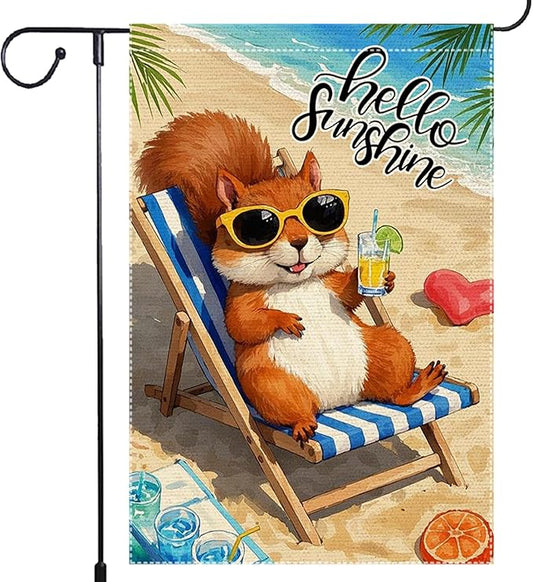 Little Squirrel Garden Flag Summer Garden Flags Beach Wooden Chair Sun Umbrella Enjoy A Holiday Garden Flags 12x18 Inch Double Sided Small Burlap Outside Decorations