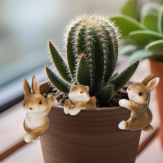 Set of 3 Cute Bunny Figurines Hanging Animal Statue, Climbing Statue and Vase Miniature Fairy Garden Terrarium Decor, Art Patio Lawn Yard Outdoor Fence Rabbit Hanger Animal Ornament