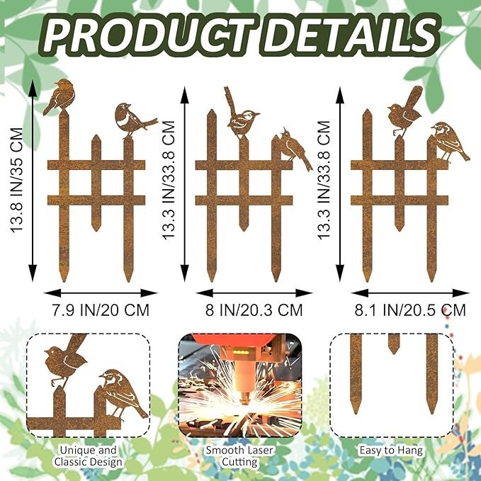 3 Pcs Small Garden Fence with 6 Pieces Birds Decoration, Metal Birds Yard Decor, Insert Lawn Picket Fence Garden Borders Decorative for Landscape Path Flowerbeds Plant Yard, Fence Decorations Outdoor