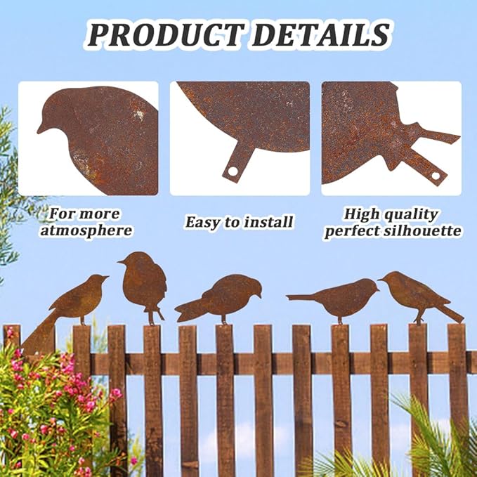 CREATCABIN 5Pcs Rusty Birds Decoration Outdoor Birds Decor for Yard Art Metal Craft Statue Ornaments Iron Sculptures Stakes Rustic Garden Decor for Farmhouse Yard Fence Decorations