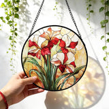 7.87" Stained Glass Window Hanging,Red Gladiolus Flower Sun Catcher for Door Terrace Garden Home Decor,Plants Suncatcher House Warming Gifts New Home