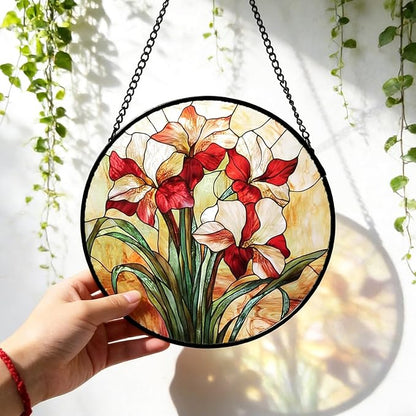 7.87" Stained Glass Window Hanging,Red Gladiolus Flower Sun Catcher for Door Terrace Garden Home Decor,Plants Suncatcher House Warming Gifts New Home