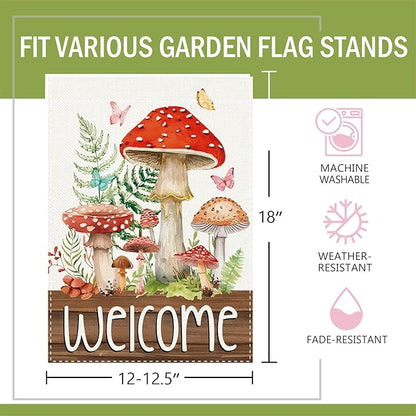 Welcome Spring Summer Mushroom Decorative Garden Flag, Fairy Tale Forest Fern Plant Butterfly Small Yard Outside Decorations, Farmhouse Botanical Burlap Outdoor Home Decor Double Sided 12 x 18