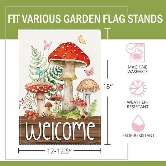 Welcome Spring Summer Mushroom Decorative Garden Flag, Fairy Tale Forest Fern Plant Butterfly Small Yard Outside Decorations, Farmhouse Botanical Burlap Outdoor Home Decor Double Sided 12 x 18