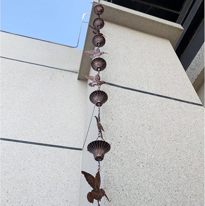 8.5FT Rain Chain, Hummingbird Rain Chains for Gutters, Functional and Decorative Replacement Downspout Chain for Outside, Metal Garden Rainwater Diverter Catcher Chains, Antique Copper