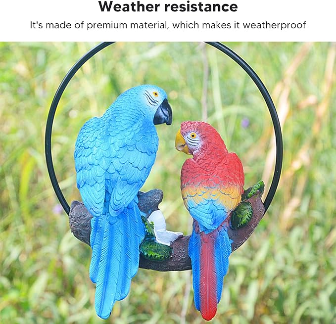 Garden Iron Ring Parrot Pendant, Hanging Parrot Sculpture, Garden Iron Ring Parrot Pendant, Parrot Statue On Metal Ring Garden Bird Hanging Chain Statue Decor Small Red Blue Macaw for Patio Home