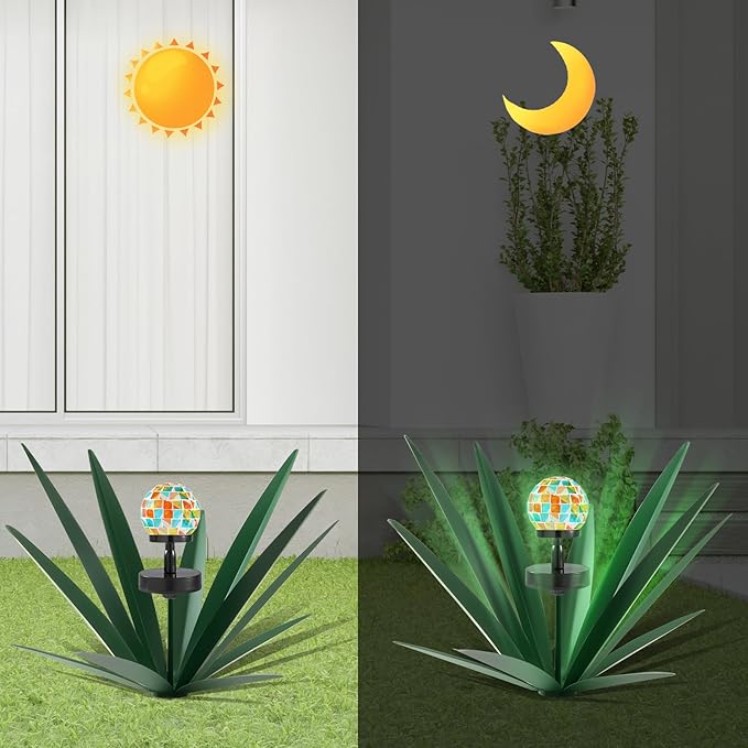 TOMBABY Enlarge Metal Plants Tequila Rustic Sculpture, Outdoor Patio Yard, Home Decor Hand Painted Agave Garden Statue, Outdoor Lawn Ornaments Yard Stakes for Mom Gift (2 Solar Green)