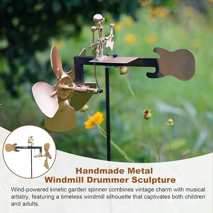 Garden Rock Band Windmill,Metal Guitar Player Windmill–Wind Powered Yard Art Sculpture, Garden Decor for Lawn, Patio, or Courtyard–Outdoor Percussionist Figurine Gift(Guitar)