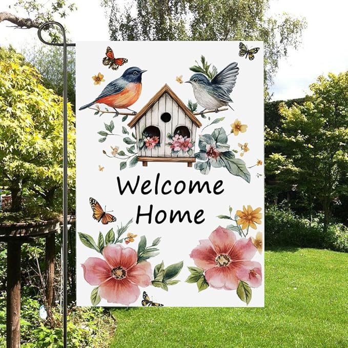 Gkyygk Welcome Garden Flag Home Bird House Flower Butterfly Banners Double Sided 12x18 Inches Farmhouse Holiday Outside Decorations Burlap Yard Flag