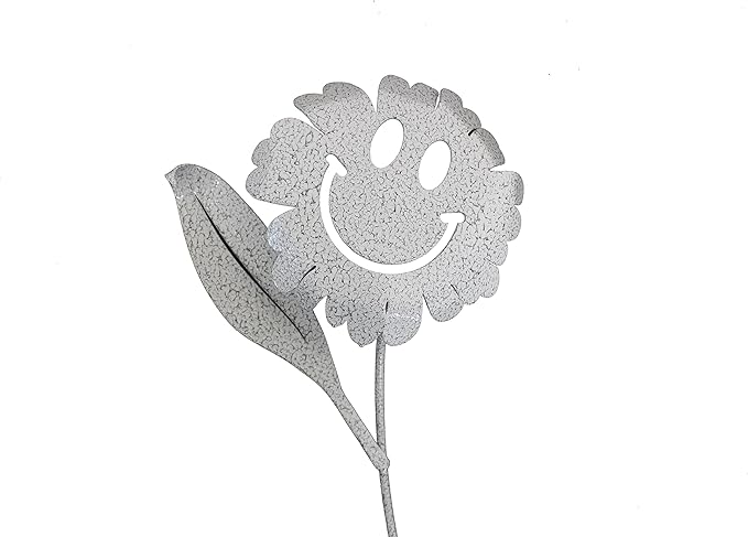 Metal Rustic and Colorful Flower Stakes Ranging from 9.5 to 36 Inches Tall (Waving Smiling Daisy 21" Tall, Hammered White & Gray)