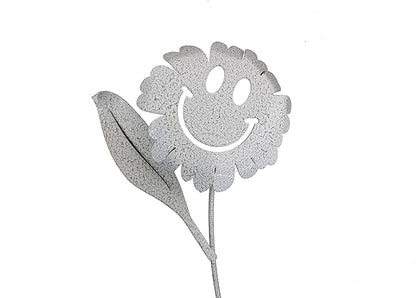 Metal Rustic and Colorful Flower Stakes Ranging from 9.5 to 36 Inches Tall (Waving Smiling Daisy 21" Tall, Hammered White & Gray)