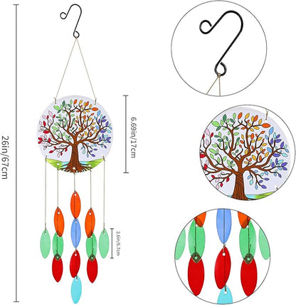Tree of Life Glass Wind Chimes for Outside, Fall Leaves Windchimes Outdoors Unique Suncatcher, Small Sea Glass Art Wind Chimes Outdoor Gifts for Women, Hanging Outdoor Garden Christmas Decoration Gift