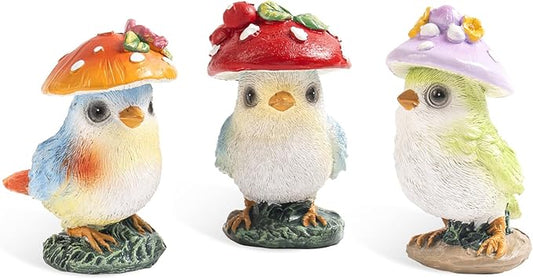 Set of 3 Mushroom Bird Figurines, Cute Resin Small Garden Statues, Outdoor Fairy Garden Accessories Patio Yard Lawn Decor, Indoor Flower Plant Pots Table Shelf Decorations for Home