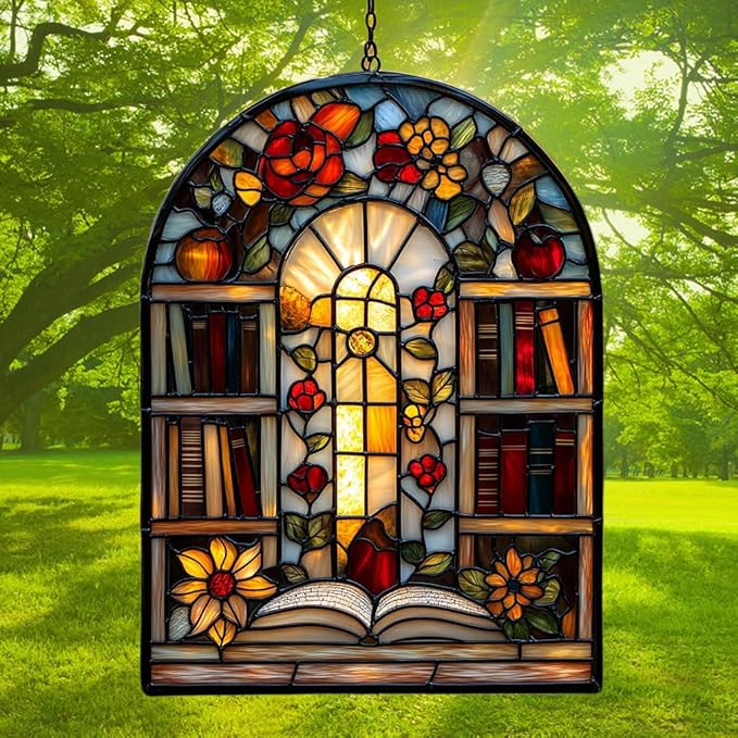 Antique Library Bookshelf Acrylic Suncatcher Stained Glass Effect Window Car Hanging Christmas Ornament Indoor Outdoor Decor Garden Sun Catcher Panel for Book Lover for Women Mom Grandma