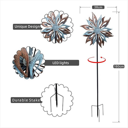 Outdoor Wind Spinner with Garden Stake 62.99" Metal Two-Way Wind Sculptures Solar Color Changing Lights Large Windmills for Garden,Patio,Yard,Lawn Decor Gifts Blade