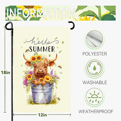 Hello Summer Garden Flag Highland Cow Yard Flag Summer Sunflower Honey Bee Floral Garden Flags Farmhouse Rustic Green Leaf House Banner for Seasonal Double Sided 12x18 Inch Outdoor Decoration