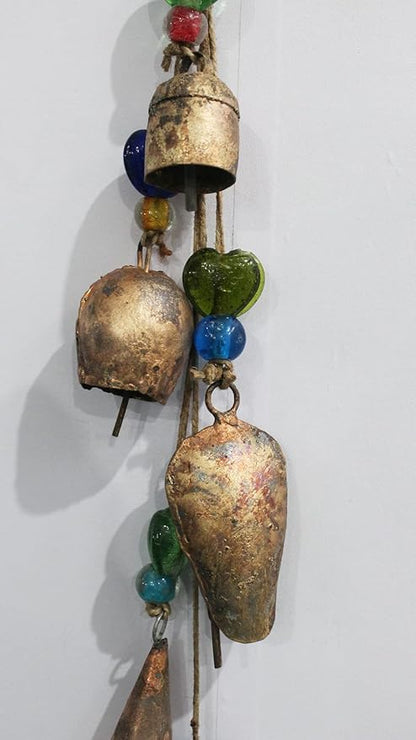 Rustic Iron Antique Style 5 Bells Hanging Wind Chime Cluster | 80 cm / 32" Length | Distressed Metal Tin Bells for Garden, Patio, Balcony, Home Decor | Soothing Sound