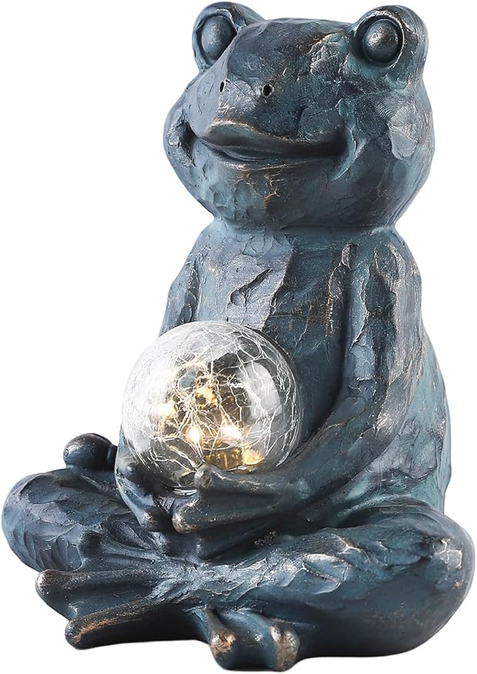 Solar Meditation Frog Garden Statue with Crackle Glass Ball Light, Zen Outdoor Decor, Waterproof Solar Powered Garden Sculpture, 8.7"