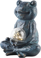 Solar Meditation Frog Garden Statue with Crackle Glass Ball Light, Zen Outdoor Decor, Waterproof Solar Powered Garden Sculpture, 8.7"