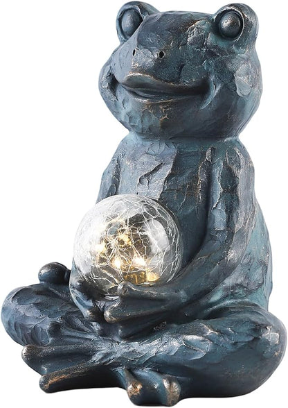Solar Meditation Frog Garden Statue with Crackle Glass Ball Light, Zen Outdoor Decor, Waterproof Solar Powered Garden Sculpture, 8.7"